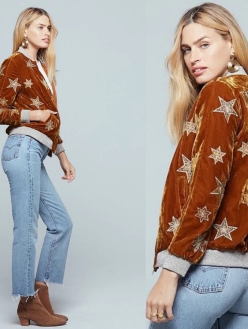 Band of Gypsies L'Astre Rust Velvet Star Bomber Jacket, Size XS